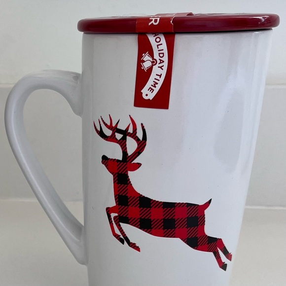 HOLIDAY TIME Buffalo Plaid Reindeer 18 oz Mug with Snowflake Coaster - Picture 6 of 7